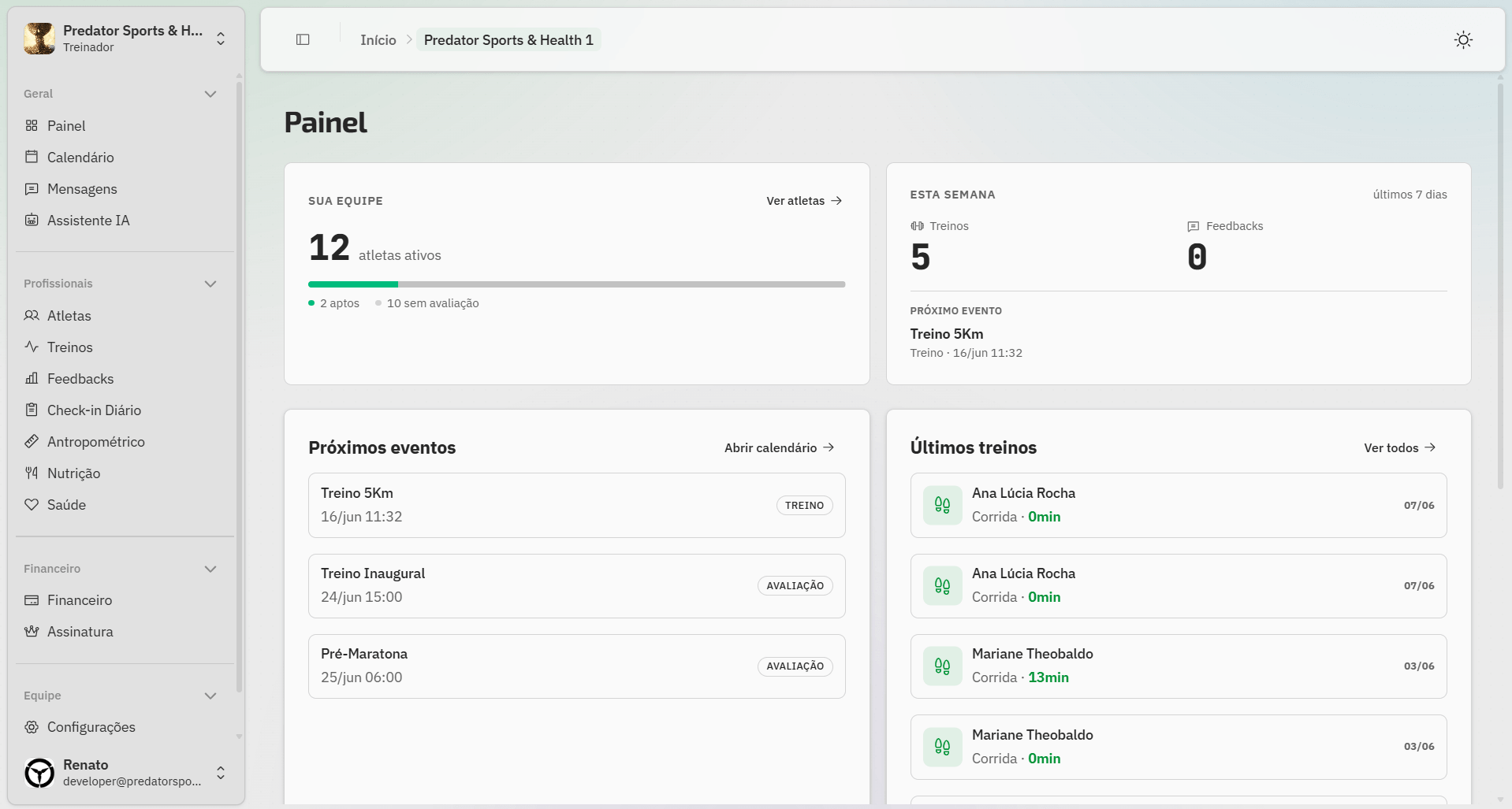 Painel do Predator OS com indicadores, agenda e acompanhamento de pessoas